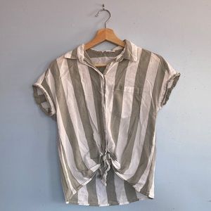 Grey and white striped button up summer shirt (tie-able)
